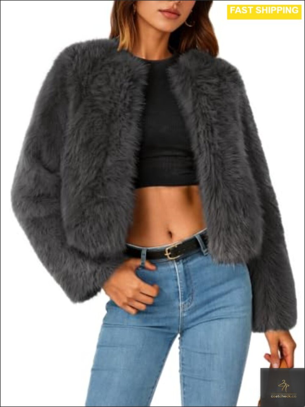 Faux Fur Cropped Jacket Fluffy Winter Coat Hook Closure Utility Pocket
